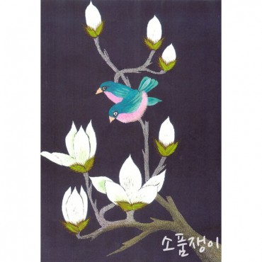 목련-화조6폭중1폭,자수재료